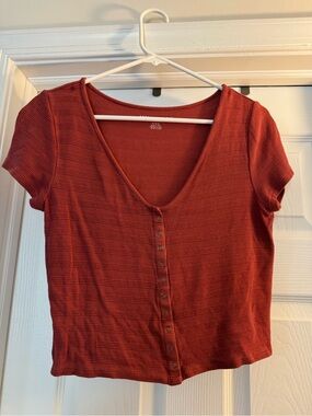 American Eagle Women's Short Sleeve Button-Front Ribbed Top - Rust